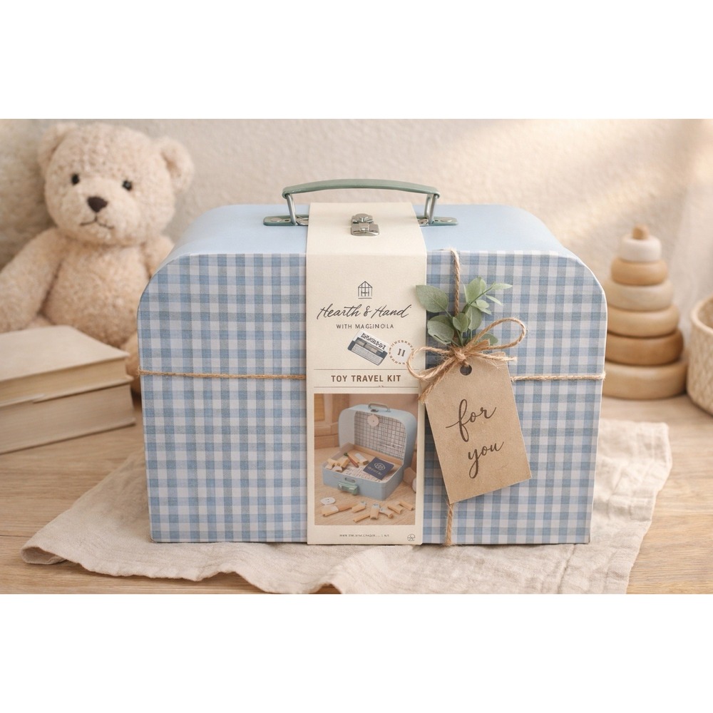 Hearth & Hand Magnolia Toy Travel Kit Blue Gingham Metal Suitcase Pretend Play